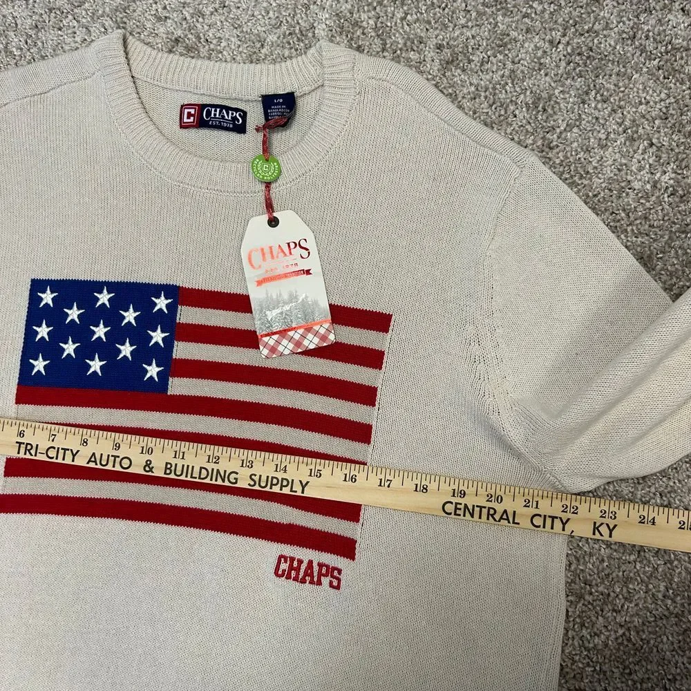 Chaps American Flag USA Sweater‎ Men Size Large Oatmeal Heather Crewneck NWT